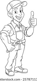 A handyman, mechanic, plumber or other construction cartoon mascot man holding a wrench or spanner tool.