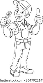 Um faz-tudo, mecânico, encanador ou outro mascote de desenho animado, segurando uma chave inglesa ou ferramenta de chave elástica.