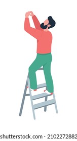 Handyman on ladder semi flat color vector character. Stand figure. Full body person on white. Indoor household activity isolated modern cartoon style illustration for graphic design and animation