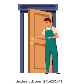 Handyman opening the door, inviting customer inside, maintenance service and home repair concept