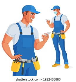 Handyman in overalls and tool belt checking his phone. Vector illustration isolated on white background.