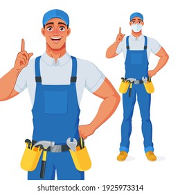 Handyman in overalls and tool belt pointing finger up to give advice or recommendation. Full size under clipping mask. Vector cartoon character isolated on white background.