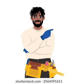 Handyman in overalls and tool belt pointing finger to give advice or recommendation. Flat Vector character illustration