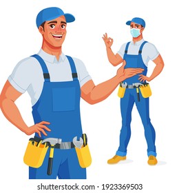 Handyman in overalls and tool belt presenting and showing OK. Full size under clipping mask. Vector illustration isolated on white background.