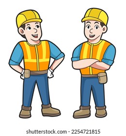 Handyman in overalls and tool belt presenting and showing OK. Full size under clipping mask. Vector illustration isolated on white background.