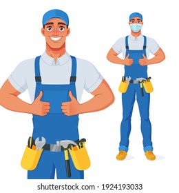 Handyman in overalls and tool belt showing thumbs up. Full size under clipping mask. Vector cartoon character isolated on white background.