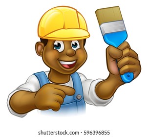 A handyman painter decorator cartoon character holding a paintbrush and pointing