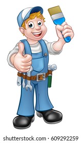 A handyman painter decorator cartoon character holding a paintbrush and giving a thumbs up