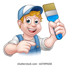 A handyman painter decorator cartoon character holding a paintbrush and pointing