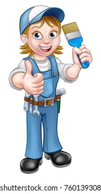 A handyman painter decorator cartoon character holding a paintbrush and giving a thumbs up