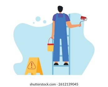 Handyman is painting the wall, redecorating the room. Design character. Vector flat illustration