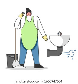 Handyman People Concept. Plumber with Work Tools. Worker In Uniform Overalls With Tools and Equipment for Plumbing Works. Woman Repair Sink Drain. Cartoon Outline Linear Flat Vector Illustration