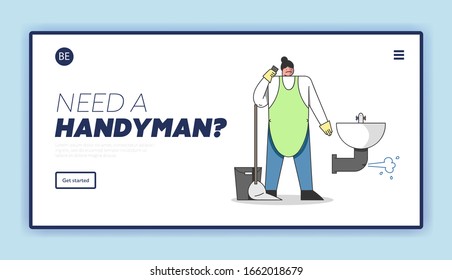 Handyman People Concept. Website Landing Page. Plumber withTools. Worker In Uniform Overalls With Tools and Equipment for Plumbing Works. Cartoon Outline Linear Flat Vector Illustration