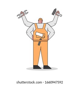 Handyman People Concept. Worker With Many Hands with Tools. Specialist In Uniform Overalls with Tools and Equipment for Home Repair and Renovation. Cartoon Outline Linear Flat Vector Illustration