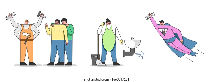 Handyman People Concept. Workers with Tools. Specialists In Uniform Overalls Standing in Row with Tools and Equipment for Home Repair and Renovation. Cartoon Outline Linear Flat Vector Illustration