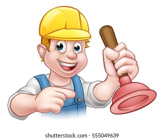A handyman plumber cartoon character holding a plunger and pointing
