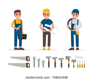 Handyman, plumber, foreman, engineer and builder elements collection with various people actions. Set of workers and hand tools in flat style