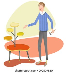 Handyman presenting self-made flower stand