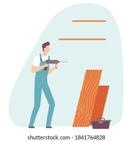 Handyman putting up a shelf. Worker making house or home apartment interior renovation. Cartoon flat man builder character. Vector illustration.