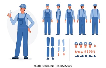 Handyman, repair worker, plumber in uniform. Character constructor for animation. Front, side and back view set. Body parts, postures, poses collection. Vector illustration.