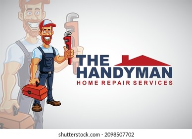 Handyman Repairman Logo Hipster Bearded Man Cartoon Character Design Vector