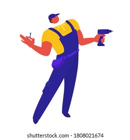 A handyman, repairman, manual worker. A man holds a cordless screwdriver and a screw. A vector craftsman cartoon character. A workman illustration isolated on a white background.