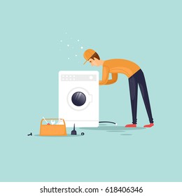 Handyman repairs the washing machine. Vector illustration flat style.