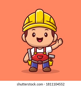 Handyman With Ruler And Hammer Cartoon Vector Icon Illustration. People Profession Icon Concept Isolated Premium Vector. Flat Cartoon Style.