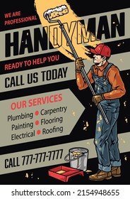 Handyman Service Colorful Advertisement Design With Place For Text, House Painter In Cap And Dirty Overalls Using Roller And Standing At Bucket And Paint Tray, Vector Illustration