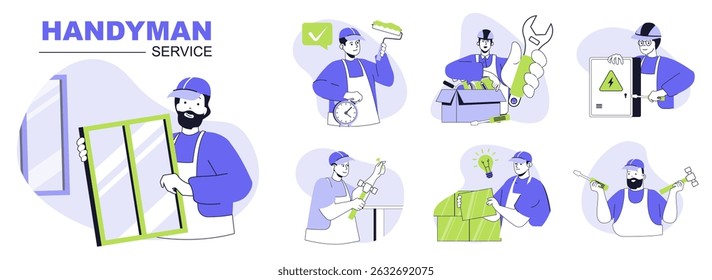 Handyman service concept set for web design. Collection with people doing house repair, installing windows, bricklaying and painting walls. Flat vector illustration isolated on white background.