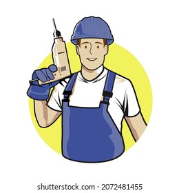 The Handyman service with drill in his hand. Vector image