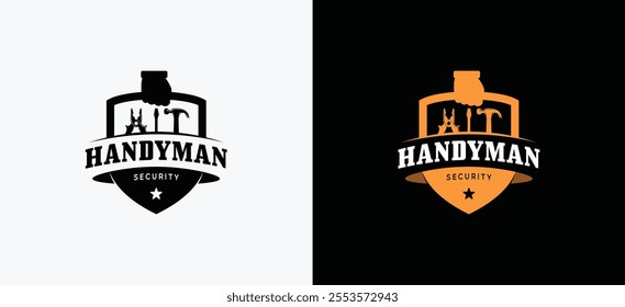 Handyman service logo design template, vector illustration of tool bag with shield symbol