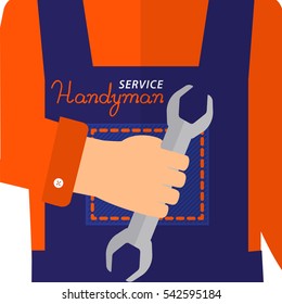 Handyman service logo.  Wrench in hand working.  Lettering Handyman service. Stock vector. Flat design. 