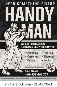 Handyman service monochrome vertical vintage poster with inscription, manual worker in hardhat and ear protectors using power drill on tool seamless pattern, vector illustration