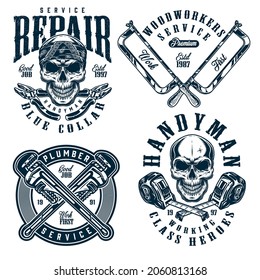 Handyman service monochrome vintage prints with inscriptions skulls crossed pliers pipe wrenches hacksaws and tape measures isolated vector illustration
