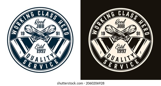 Handyman service round vintage badge in monochrome style with crossed putty knives isolated vector illustration