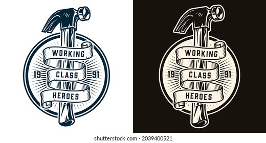 Handyman service round vintage emblem with carpenter hammer in monochrome style isolated vector illustration