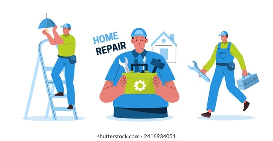 Conjunto de servicios de Handyman. Trabajador de reparación, constructor con herramientas de trabajo y bombillas de enroscamiento. Ilustración vectorial plana aislada en fondo blanco 