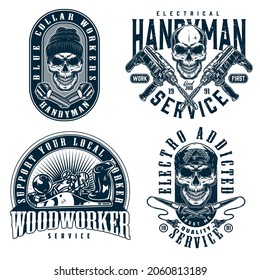 Handyman service vintage badges with skulls in bandana and beanie hat jointer crossed soldering irons electric hammer drills and steel bolts isolated vector illustration