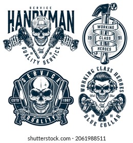 Handyman service vintage logotypes with skulls in baseball cap and protective headphones hammer angle grinder machines foam guns skeleton hands holding electric drills isolated vector illustration
