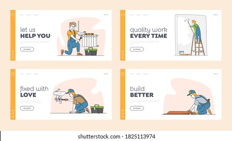 Handyman Service Works Landing Page Template Set. Male Characters Painting Wall, Install Heating System Pipes, Fixing Leakage on Sink and Fitting Laminate on Floor. Linear People Vector Illustration