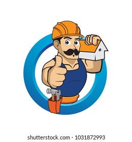 Handyman Services Emblem for Your Company.Thumbs up builder man character. Vector mascot logo illustration