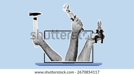 Handyman services. Human hand in dotted pop art style. Retro halftone collage elements ir, work, pliers, wrench, hammer tools and laptop for mixed media design. Repairing Service App.