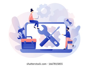 Handyman services. Husband for an hour online. Repairman with tool box. Modern flat cartoon style. Vector illustration on white background