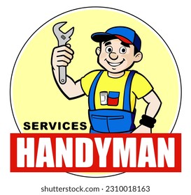 Handyman services icon, a logo with a happy smiling worker holding a wrench in his hand