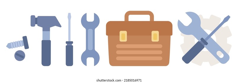 Handyman Services Icon Set. Home Service Concept. Wrench, Screwdriver, Hammer, Tool Box. Vector Flat Illustration 