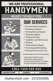 Handyman services monochrome vertical vintage poster with place for text, builder in hardhat using drill, welder in metal mask holding torch, repairman with wrench, vector illustration