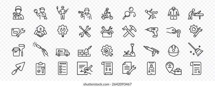 Handyman Services Outline Icon Set – Tools, Repair, and Maintenance Symbols, Handyman icon set featuring tools, repair equipment, construction symbols, maintenance gear, Handyman icon set