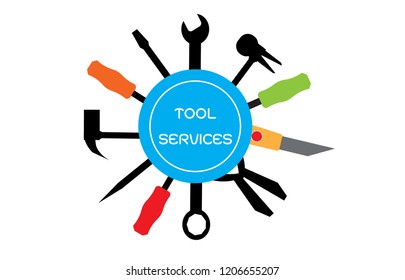 Handyman services round vector design for your logo or emblem with set of workers tools. Color Technician tool sign and symbol. Vector illustration EPS 10. 
