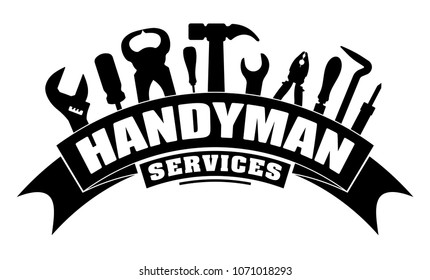 Handyman services vector design for your logo or emblem with bend banner and set of workers tools in black. There are wrench, screwdriver, hammer, pliers, soldering iron, scrap.